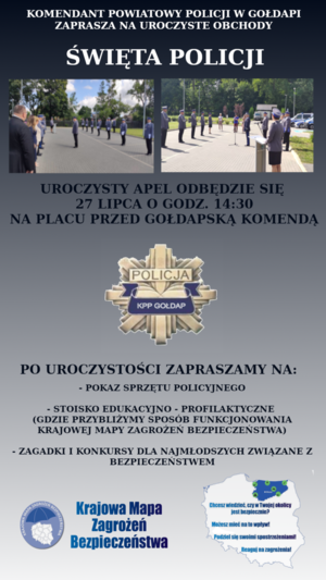 Plakat z okazji uroczystych obchodów Święta Policji w Gołdapi