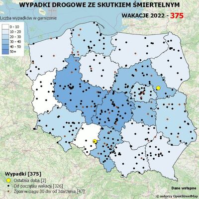 Policyjna mapa wypadków drogowych podczas wakacji 2022