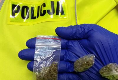 Woreczek strunowy z zawartością suszu roślinnego na tle kamizelki odblaskowej z napisem "Policja"