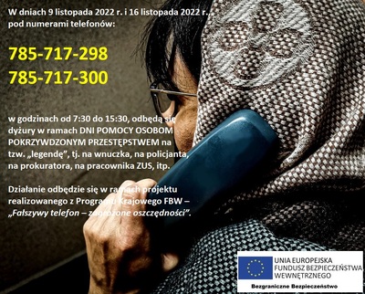 Kobieta ze słuchawką telefonu w ręku, numery telefonów dla osób oszukanych metodą "na wnuczka", "na policjanta" itp.