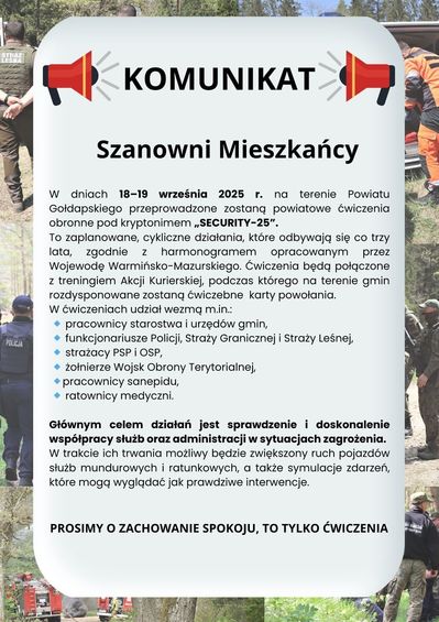 Plakat z opisem akcji powiatowe ćwiczenia obronne SECURITY-25