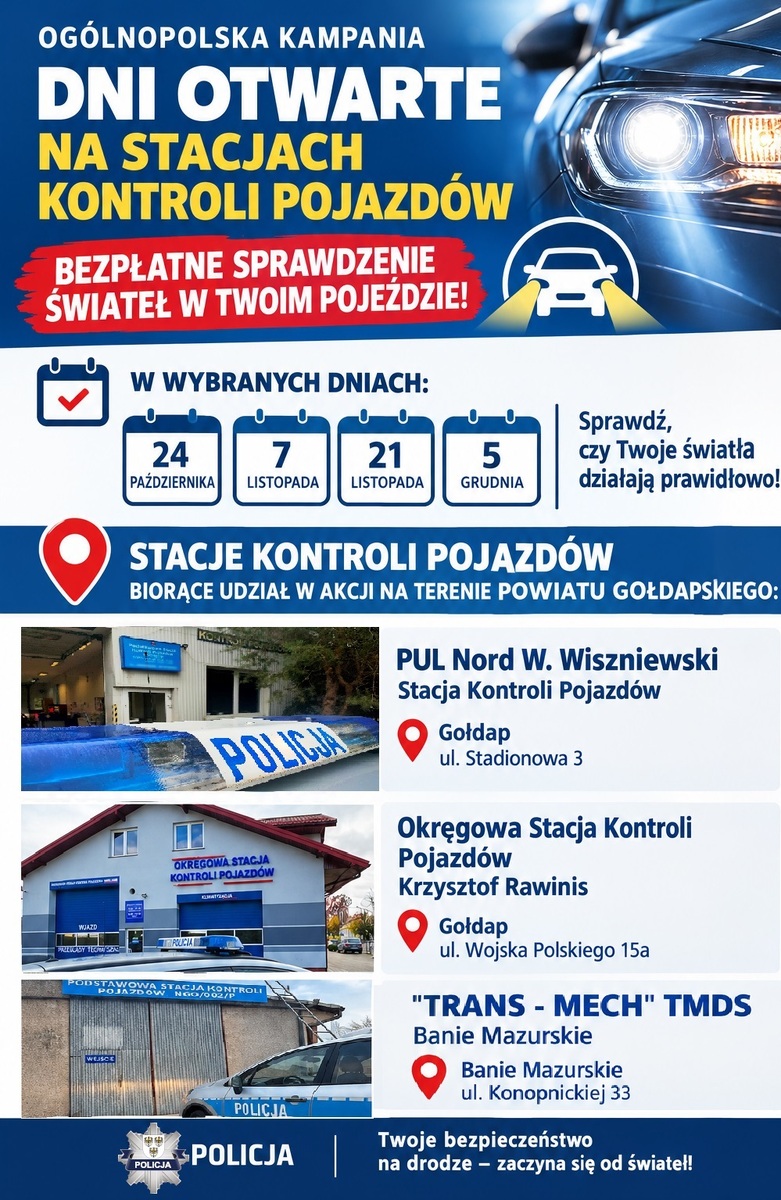 Bezpłatne sprawdzanie świateł w pojazdach w powiecie gołdapskim